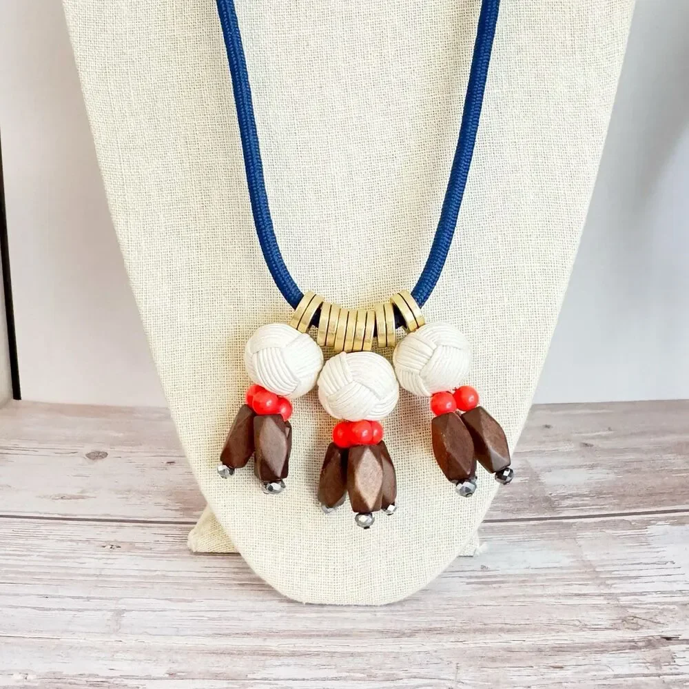 J Crew Nautical boho Rope Ball Wooden Bead Long Necklace Blue Orange Gold 30